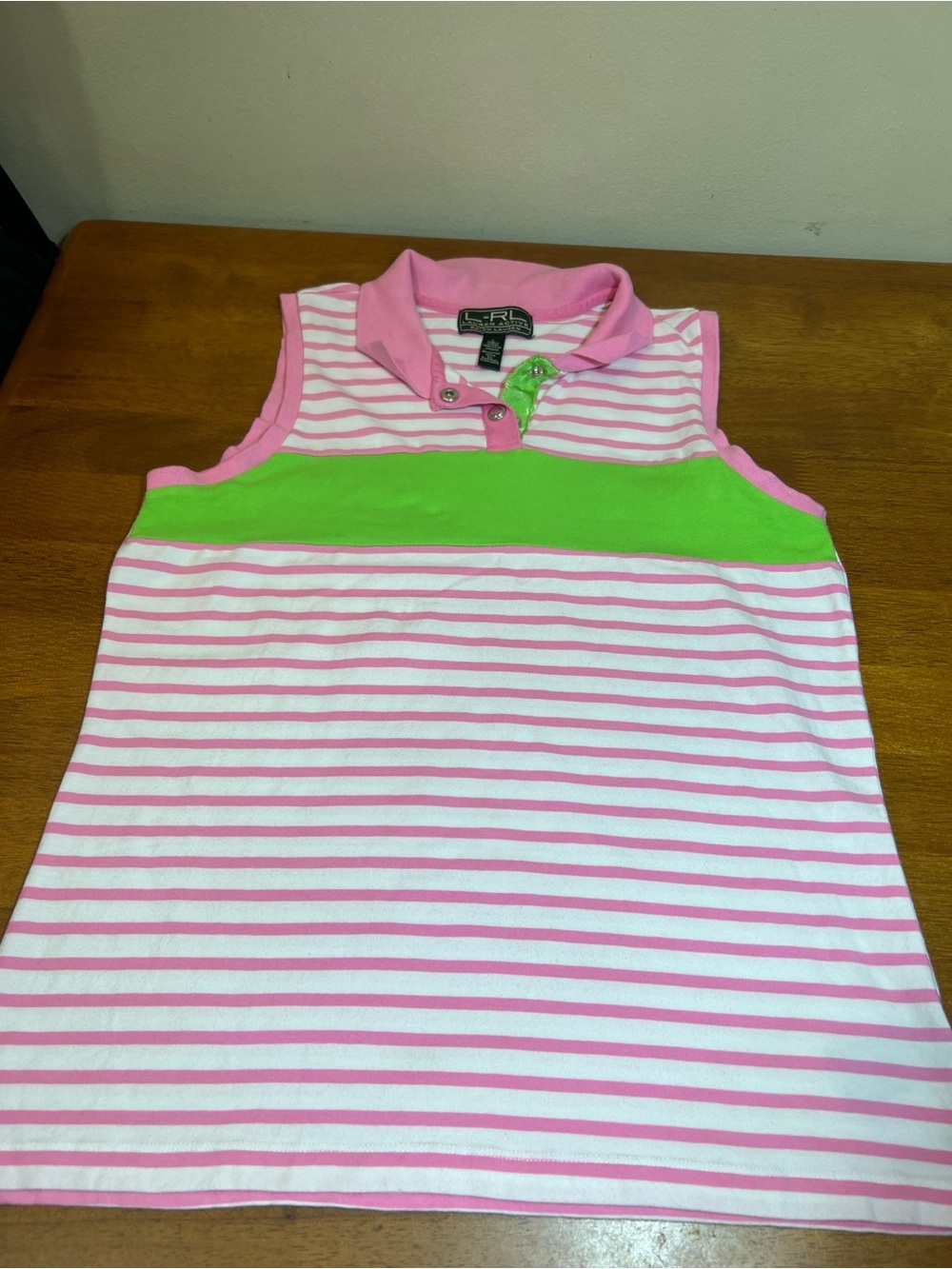 LAUREN ACTIVE RALPH LAUREN Pink & Green Striped Sleeveless Polo Top LARGE